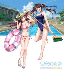 Rule 34 | 2girls, barefoot, bikini, blue eyes, blue one-piece swimsuit, brown hair, building, chain-link fence, cleaning brush, commentary request, competition school swimsuit, covered navel, feet, fence, front-tie bikini top, front-tie top, hat, highleg, highleg swimsuit, highres, innertube, legs, long hair, multiple girls, one-piece swimsuit, open mouth, original, pink bikini, pool, red eyes, sandals, school swimsuit, side-tie bikini bottom, soranokakera01, strappy heels, straw hat, striped bikini, striped clothes, sun hat, swim ring, swimsuit, toenails, toes, twintails