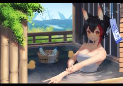 Rule 34 | 1girl, alternate hairstyle, animal ears, bath, black hair, breasts, cleavage, highres, hololive, inre kemomimi, letterboxed, looking at viewer, medium breasts, multicolored hair, onsen, ookami mio, orange eyes, partially submerged, red hair, rubber duck, short hair, solo, streaked hair, towel, virtual youtuber, water, wet, wolf ears, wolf girl