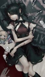 Rule 34 | 1girl, 1other, absurdres, ame-chan (needy girl overdose), black eyes, black hair, black nails, black ribbon, black skirt, black socks, blood, blood on arm, cellphone, character doll, chouzetsusaikawa tenshi-chan, commentary request, feet out of frame, from above, hair ornament, hair over one eye, high-waist skirt, highres, holding, holding knife, holding razor, injury, jirai kei, kneehighs, knife, looking at viewer, lying, nail polish, neck ribbon, needy girl overdose, nia (x x02), on back, on bed, one eye covered, partial commentary, phone, pill, pill bottle, razor, razor blade, red shirt, ribbon, ringed eyes, self-harm, shirt, shirt tucked in, short hair, short sleeves, short twintails, sidelocks, skirt, smartphone, socks, solo focus, suspender skirt, suspenders, twintails, wrist cutting, x hair ornament