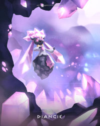 Rule 34 | cave interior, character name, commentary, copyright name, creatures (company), crystal, diancie, floating, full body, game freak, gen 6 pokemon, highres, kelvin-trainerk, legendary pokemon, looking up, mythical pokemon, nintendo, no humans, outstretched arm, pink eyes, pokemon, pokemon (creature), solo, twitter username