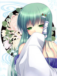 Rule 34 | 1girl, asazuki kanai, bare shoulders, blush, breasts, covered mouth, covering face, covering own mouth, covering privates, detached sleeves, eyelashes, female focus, flower, frog, glowing, glowing petals, green eyes, green hair, hair ornament, half-closed eyes, hand over own mouth, jitome, kochiya sanae, matching hair/eyes, medium breasts, petals, sleeves past wrists, snake, solo, spider lily, touhou, undressing, wide sleeves