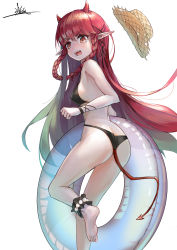 Rule 34 | 1girl, absurdres, ankle cuffs, arknights, ass, bare arms, bare legs, bare shoulders, barefoot, bikini, black bikini, braid, breasts, fang, feet out of frame, hat, highres, hongshao tang gua, horns, innertube, long hair, looking at viewer, official alternate costume, open mouth, pointy ears, red eyes, red hair, signature, simple background, small breasts, solo, standing, standing on one leg, sun hat, swim ring, swimsuit, tail, thighs, twin braids, unworn hat, unworn headwear, v-shaped eyebrows, very long hair, vigna (arknights), vigna (casual vacation) (arknights), white background