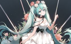 Rule 34 | 1girl, aqua eyes, aqua hair, bad id, bad pixiv id, bare shoulders, black background, black ribbon, commentary, dress, flower, hair flower, hair ornament, hand up, hatsune miku, highres, long hair, looking at viewer, miku with you (vocaloid), neck ribbon, parted lips, pink flower, pink rose, red flower, red rose, ribbon, rose, solo, strapless, strapless dress, toory, twintails, upper body, very long hair, vocaloid, white dress, white flower, white ribbon, white rose