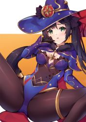 Rule 34 | 1girl, arms up, black hair, black pantyhose, breasts, covered navel, eol 9, fur trim, genshin impact, gloves, green eyes, hand on own cheek, hand on own face, hat, highres, jewelry, leotard, long hair, long sleeves, looking at viewer, medium breasts, mona (genshin impact), open mouth, pantyhose, purple hat, simple background, solo, spread legs, twintails, witch hat
