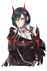 Rule 34 | 1girl, absurdres, asymmetrical clothes, asymmetrical jacket, azur lane, bare shoulders, black hair, breasts, brown jacket, claw ring, cleavage, hair between eyes, highres, horns, jacket, looking at viewer, mechanical horns, medium breasts, multicolored hair, red horns, short hair, simple background, solo, streaked hair, turboflower, two-tone hair, ulrich von hutten (azur lane), upper body, white background, white hair, yellow eyes