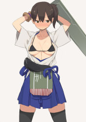 Rule 34 | 10s, 1girl, archery, arms up, bikini, bikini top only, black bikini, blush, bra, breasts, brown eyes, brown hair, cleavage, embarrassed, gloves, japanese clothes, kaga (kancolle), kantai collection, kyuudou, medium breasts, nora higuma, open clothes, open shirt, partially fingerless gloves, partly fingerless gloves, personification, shirt, short hair, side ponytail, single glove, skirt, solo, sweatdrop, swimsuit, thighhighs, underwear, yugake