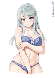 Rule 34 | 1girl, blue bra, blue panties, blush, bra, breasts, cleavage, closed mouth, collarbone, cropped legs, ebifurya, groin, highres, kantai collection, long hair, looking at viewer, navel, panties, purple eyes, sagiri (kancolle), silver hair, simple background, small breasts, solo, twitter username, underwear, underwear only, white background