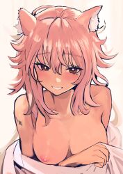 Rule 34 | 1girl, animal ear fluff, animal ears, arknights, arm tattoo, barcode, barcode tattoo, blush, breasts, brown eyes, commentary, gravel (arknights), hair between eyes, highres, long hair, looking at viewer, medium breasts, nipples, one breast out, parted lips, pink hair, prairie dog ears, sidelocks, smile, solo, solokitsune, tattoo, topless, upper body