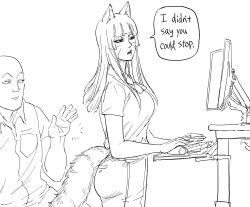1boy, 1girl, animal ears, bb (baalbuddy), breasts, commentary, denim, english commentary, english text, fox ears, fox girl, fox tail, greyscale, highres, jeans, keyboard (computer), large breasts, long hair, monitor, monochrome, mouse (computer), multiple monitors, original, pants, parted lips, shirt, short sleeves, simple background, standing, tail, typing, whisker markings, white background