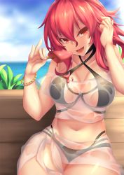 Rule 34 | 1girl, bare shoulders, bikini, black bikini, breasts, cleavage, curvy, elesis (elsword), elsword, fi-san, food, highres, long hair, looking at viewer, navel, open mouth, popsicle, red eyes, red hair, sarong, see-through, sitting, smile, solo, swimsuit, thick thighs, thighs, tongue, wide hips