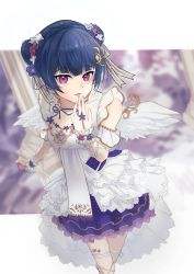 Rule 34 | 1girl, absurdres, alternate hairstyle, angel of eden (love live!), angel wings, artist name, artist request, back bow, bare legs, bare shoulders, blue bow, blue flower, blue hair, blue skirt, blue wrist cuffs, blush, bow, braid, breasts, cleavage, clenched hand, collarbone, crown braid, crystal hair ornament, double bun, dress, female focus, finger to mouth, flower, frilled dress, frills, hair bun, hair flower, hair ornament, hair ribbon, highres, leg tattoo, looking at viewer, love live!, love live! school idol festival, love live! school idol festival all stars, love live! sunshine!!, miniskirt, parted lips, pink eyes, pink flower, plaid, plaid dress, plaid skirt, pleated, pleated dress, pleated skirt, purple eyes, ribbon, ribbon-trimmed legwear, ribbon trim, short hair, short sleeves, skirt, sleeveless, sleeveless dress, small breasts, smile, solo, star tattoo, strapless, strapless dress, striped, striped bow, tattoo, tsushima yoshiko, white detached collar, white dress, white flower, white ribbon, white skirt, white wings, white wrist cuffs, wings, wrist cuffs