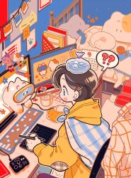 Rule 34 | 1girl, ?, ??, baggy clothes, bed, bedroom, black eyes, blush stickers, brown hair, calendar (object), cape, chopsticks, clutter, commentary, computer, creature, cup ramen, desk, dolman (dm), drawing tablet, elbow patches, from above, hair behind ear, hair ornament, hairclip, highres, holding, holding pen, hood, hood down, hoodie, ice pack, indoors, keyboard (computer), messy room, monitor, mouse (computer), mousepad (object), multiple screens, object on head, original, outline, pen, plaid cape, poster (object), promotional art, raised eyebrows, short hair, sitting, speech bubble, spoken question mark, surprised, through medium, through screen, tourbox, upper body, white outline, wireless earphones, yellow hoodie