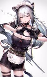 Rule 34 | 1girl, alternate costume, animal ears, apron, arknights, black dress, black gloves, black thighhighs, breasts, bullet, cat ears, cat hair ornament, cat tail, ceylon (arknights), cleavage, dress, enmaided, gloves, grey background, grey hair, gun, hair between eyes, hair ornament, hairclip, heart, heart hands, highres, ink., long hair, looking at viewer, maid, maid headdress, open mouth, puffy short sleeves, puffy sleeves, rifle, schwarz (arknights), short dress, short sleeves, solo, tail, thigh strap, thighhighs, thighs, very long hair, waist apron, weapon, white apron, yellow eyes