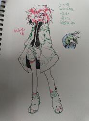 Rule 34 | 2others, androgynous, ballpoint pen (medium), black shirt, blue jacket, character name, chinese text, closed eyes, coat, green eyes, green hair, hair between eyes, hands in pockets, highres, hood, hood down, hood up, hooded coat, jacket, len&#039;en, ling s, multiple others, no nose, open clothes, open coat, open mouth, other focus, partially colored, red hair, shirt, shitodo aoji, shitodo hooaka, short hair, simple background, smile, traditional media, translation request, white background