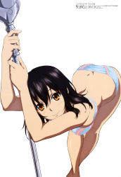 Rule 34 | 1girl, absurdres, bent over, black hair, blue bra, blue panties, bra, brown eyes, butt crack, closed mouth, copyright name, hair between eyes, highres, himeragi yukina, holding, holding polearm, holding spear, holding weapon, long hair, looking at viewer, panties, polearm, sano takao, simple background, smile, solo, spear, standing, strike the blood, underwear, underwear only, weapon, white background