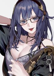 Rule 34 | 1girl, arm behind head, black hair, blue eyes, breasts, cleavage, ear piercing, glasses, granblue fantasy, hairband, highres, illnott (granblue fantasy), jewelry, pendant, piercing, rilmok, tongue, tongue out