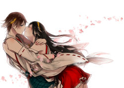 Rule 34 | 10s, 2girls, black hair, blue eyes, blush, brown hair, closed eyes, detached sleeves, facing another, green skirt, hairband, haruna (kancolle), hiei (kancolle), hug, imminent kiss, incest, japanese clothes, kantai collection, kiss, long hair, looking at another, miniskirt, multiple girls, no legwear, nontraditional miko, petals, plaid, plaid skirt, red skirt, ribbon-trimmed sleeves, ribbon trim, short hair, shuu-0208, simple background, skirt, sleeveless, smile, tears, white background, yuri