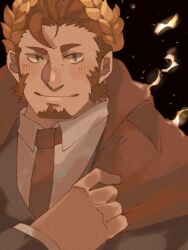 Rule 34 | 1boy, bara, black background, claude (housamo), closed mouth, coat, collared shirt, commentary request, facial hair, film grain, fire, goatee, green eyes, kaabii, laurel crown, long sideburns, looking at viewer, male focus, mature male, necktie, red coat, red hair, red necktie, shirt, short hair, sideburns, simple background, smile, solo, thick eyebrows, tokyo houkago summoners, upper body, white shirt