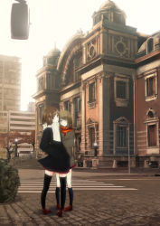 Rule 34 | 2girls, architecture, bad id, bad pixiv id, blue eyes, blush, brown eyes, brown hair, building, city, cityscape, coat, comrade stalin, hand in pocket, highres, lamppost, loafers, looking back, miniskirt, multiple girls, original, osaka (city), pavement, pleated skirt, real world location, red skirt, road, scarf, shoes, skirt, street, thighhighs, zettai ryouiki
