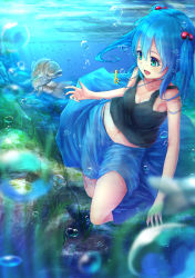Rule 34 | 1girl, adapted costume, air bubble, algae, black panties, black shirt, blue eyes, blue hair, blue skirt, blurry, borushichi, breasts, breath, bubble, caustics, cleavage, collarbone, day, depth of field, fish, freediving, gradient eyes, green eyes, hair bobbles, hair ornament, jewelry, kawashiro nitori, key, key necklace, legs up, light rays, matching hair/eyes, medium breasts, midriff, multicolored eyes, navel, necklace, open mouth, panties, shirt, skirt, smile, solo, swimming, tank top, thighs, thong, touhou, two side up, underwater, underwear