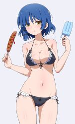 Rule 34 | 1girl, :o, absurdres, bare arms, bikini, black bikini, blue hair, blunt ends, blush, bocchi the rock!, breasts, cleavage, collarbone, commentary, corn dog, cowboy shot, eggman (pixiv28975023), food, frilled bikini, frills, grey background, highres, holding, holding food, long hair, medium breasts, mole, mole under eye, navel, open mouth, popsicle, short hair, simple background, solo, standing, swimsuit, yamada ryo, yellow eyes