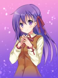 Rule 34 | 1girl, blush, breasts, brown vest, closed mouth, collared shirt, fate/stay night, fate (series), fingers together, gradient background, hair between eyes, hair ribbon, highres, homurahara academy school uniform, light particles, long hair, long sleeves, looking at viewer, matou sakura, purple background, purple eyes, purple hair, red ribbon, ribbon, school uniform, shirt, smile, solo, tareme, upper body, vest, white shirt, wing collar, yuu ms1974
