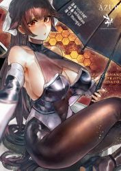 Rule 34 | 1girl, azur lane, bare shoulders, black pantyhose, bodystocking, bow, breasts, brown hair, cleavage, cleavage cutout, clothing cutout, covered navel, crossed legs, earrings, hair flaps, highres, holding, holding umbrella, jewelry, large breasts, leotard, long hair, looking at viewer, multicolored leotard, outstretched arm, pantyhose, parted lips, race queen, ribbon, signo aaa, sitting, takao (full throttle charmer) (azur lane), two-tone leotard, umbrella, very long hair, white bow, white ribbon
