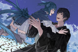 Rule 34 | 1boy, 1girl, bird girl, bird tail, black robe, blue capelet, blue eyes, blue hair, blue tail, byuub, capelet, closed eyes, dutch angle, feathered wings, final fantasy, final fantasy xiv, flower, head wings, hermes (ff14), imminent hug, meteion, open mouth, outdoors, robe, short hair, spoilers, tail, upper body, wing ears, wings