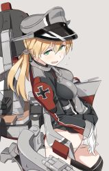 Rule 34 | 10s, 1girl, anchor hair ornament, black thighhighs, blonde hair, blush, breasts, clothes lift, flying sweatdrops, from side, gloves, green eyes, grey background, hair between eyes, hair ornament, hat, impossible clothes, kantai collection, kriegsmarine, long hair, low twintails, machinery, ningen (ningen96), open mouth, panties, panty pull, peaked cap, prinz eugen (kancolle), simple background, skirt, skirt lift, solo, thighhighs, twintails, underwear, white gloves, white panties
