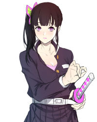 Rule 34 | 1girl, belt, belt buckle, black hair, black jacket, black skirt, blunt bangs, breasts, buckle, butterfly hair ornament, cleavage, closed mouth, collarbone, hair ornament, holding, holding sheath, jacket, kimetsu no yaiba, long hair, long sleeves, looking at viewer, pink eyes, pink lips, pleated skirt, sheath, side ponytail, simple background, sketch, skirt, small breasts, solo, standing, sword, tsuyuri kanao, weapon, white background, white belt, zucchini