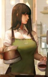Rule 34 | 1girl, absurdres, apron, barista, black eyes, black hair, blouse, blunt bangs, breasts, cafe, coffee, coffee mug, commentary, cup, english commentary, eyebrows, highres, holding, holding cup, indoors, interior, large breasts, lips, long hair, lynus, mug, nose, original, shirt, sleeves rolled up, solo, standing, table