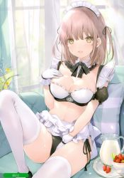 Rule 34 | 1girl, 6u (eternal land), absurdres, apron, artist name, bikini, black panties, blush, breasts, brown eyes, brown hair, cleavage, curtains, day, detached collar, flower, food, fruit, gloves, hand on own chest, highres, jar, knee up, looking at viewer, maid, maid bikini, maid headdress, medium breasts, melonbooks, milk, navel, open mouth, panties, pillow, pitcher (container), scan, shoes, short hair, sidelocks, sitting, smile, solo, stomach, strawberry, swimsuit, thighhighs, unconventional maid, underwear, waist apron, white thighhighs, window