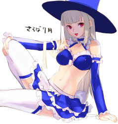 Rule 34 | 1girl, :d, breasts, capcom fighting jam, detached sleeves, grey hair, hat, highres, ingrid (capcom), knee up, long hair, open mouth, red eyes, simple background, sitting, smile, solo, tetsu (kimuchi), thighhighs, white background, white thighhighs
