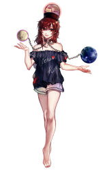 Rule 34 | 1girl, adapted costume, bare legs, bare shoulders, barefoot, chain, clothes writing, detached collar, earth (ornament), english text, eyebrows, floating, floating object, full body, head tilt, hecatia lapislazuli, highres, hug (artist), hug (yourhug), looking at viewer, miniskirt, moon (ornament), multicolored clothes, multicolored skirt, off-shoulder shirt, off shoulder, red eyes, red hair, shirt, short hair, simple background, skirt, solo, t-shirt, touhou, walking, white background, white skirt