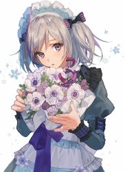 Rule 34 | 1girl, alternate costume, apron, artist request, blush, bouquet, contender (flowerful maid) (girls&#039; frontline), contender (girls&#039; frontline), dress, english text, flower, frilled dress, frilled skirt, frilled sleeves, frills, girls&#039; frontline, grey hair, maid, maid apron, maid headdress, official alternate costume, purple eyes, simple background, skirt, twintails, two side up, white background