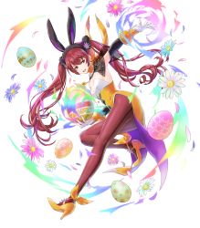 Rule 34 | 1girl, animal ears, armpits, choker, egg, fake animal ears, female focus, fire emblem, fire emblem awakening, fire emblem heroes, flower, gloves, hair ornament, high heels, highres, holding, kaya8, leg up, leotard, lips, long hair, looking at viewer, looking away, matching hair/eyes, nintendo, official art, open mouth, pantyhose, petals, rabbit ears, red eyes, red hair, see-through, severa (fire emblem), severa (spring) (fire emblem), sleeveless, smile, solo, strapless, strapless leotard, transparent background, twintails, yellow footwear