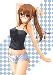 Rule 34 | 1girl, arm up, bad id, bad pixiv id, bare arms, black legwear, bracelet, breasts, brown hair, checkered background, chiro, cleavage, cowboy shot, glasses, hair between eyes, jewelry, long hair, medium breasts, original, ponytail, sleeveless, smile, solo