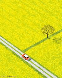 Rule 34 | artist name, car, commentary, day, english commentary, field, from above, highres, mini cooper, motor vehicle, no humans, original, outdoors, rapeseed blossoms, road, shadow, takemasaryo, tree