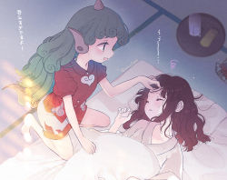 Rule 34 | 2girls, alternate costume, barefoot, bathrobe, biyon, blush, brown hair, buttons, closed eyes, collared shirt, commentary, cup, floor, futon, glass, green eyes, green hair, grey bathrobe, hair between eyes, hair ornament, hair tubes, hakurei reimu, hand on another&#039;s head, hand up, horns, indoors, komano aunn, light, long sleeves, looking at another, looking down, lying, multiple girls, no headwear, on back, open mouth, pillow, red shirt, seiza, shadow, shirt, short hair, short sleeves, shorts, sitting, sleeping, smile, sunlight, sweat, sweatdrop, symbol-only commentary, touhou, translation request, twitter username, water, white shorts, wide sleeves, yunomi