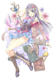 Rule 34 | 1girl, absurdres, ass, atelier (series), atelier lulua, beaker, blunt bangs, blush, book, boots, breasts, cleavage, cross-laced footwear, dress, earrings, elmerulia fryxell, erlenmeyer flask, flask, frilled dress, frills, full body, green eyes, grey hair, heart, highres, holding, holding staff, jewelry, lace-up boots, looking at viewer, miyama leaves, nail polish, open mouth, short dress, simple background, smile, solo, staff, thighs, white background