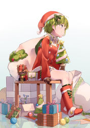 Rule 34 | 1girl, absurdres, bag, blue background, blue eyes, blush, boots, box, brown gloves, cape, character doll, christmas, christmas tree, fire emblem, fire emblem: the blazing blade, fire emblem heroes, gift, gift box, gloves, green hair, green legwear, hat, highres, holding, holding bag, jaffar (fire emblem), jaffar (winter) (fire emblem), long sleeves, looking away, looking to the side, migimura sakimori, nino (fire emblem), nino (winter) (fire emblem), nintendo, santa costume, santa hat, short hair, simple background, sitting, smile, solo, sweater, turtleneck, turtleneck sweater