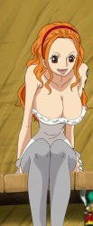 Rule 34 | 1girl, bare shoulders, breasts, brown eyes, cleavage, dress, hairband, highres, large breasts, long hair, nami (one piece), one piece, open mouth, orange hair, screencap, sideboob, sitting, smile, solo, tattoo, white dress