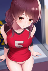Rule 34 | 1girl, arm support, blush, bottomless, braid, breasts, brown eyes, collarbone, cowboy shot, hair tie, heart, huyumitsu, jersey, large breasts, long hair, looking at viewer, medium hair, open mouth, original, purple hair, red shirt, shirt, sleeveless, smile, solo, standing, thighs, twin braids, vaginal