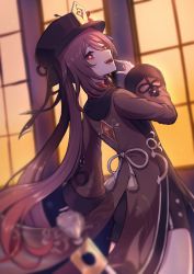Rule 34 | 1girl, absurdres, black hat, black shorts, brown hair, chinese clothes, fang, from behind, genshin impact, half-closed eyes, hat, highres, hu tao (genshin impact), long sleeves, open mouth, red eyes, shorts, smile, solo, sunset, symbol-shaped pupils, tailcoat, teeth, top hat, twintails, upper teeth only, wide sleeves, window, yatumeshinoa