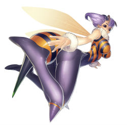 Rule 34 | 1girl, absurdres, antennae, arthropod girl, ass, bee girl, boots, breasts, cameltoe, fengmo, flipped hair, full body, fur trim, highres, insect girl, insect wings, leotard, looking at viewer, pantyhose, purple eyes, purple hair, purple pantyhose, q-bee, short hair, simple background, sleeveless, solo, spikes, vampire (game), white background, wings, wrist cuffs