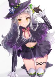 Rule 34 | 1girl, absurdres, all fours, black capelet, black hat, black shirt, black skirt, black vest, blouse, blush, brown gloves, capelet, crop top, full body, gloves, grey hair, grin, hair bun, hair ornament, hat, highres, hololive, long hair, long sleeves, looking at viewer, midriff, miniskirt, murasaki shion, murasaki shion (1st costume), navel, nichino, shirt, shoes, simple background, single hair bun, skirt, smile, solo, striped clothes, striped shirt, striped thighhighs, thigh strap, thighhighs, v-shaped eyebrows, vertical-striped clothes, vertical-striped shirt, vertical-striped thighhighs, very long hair, vest, virtual youtuber, white background, witch hat, yellow eyes
