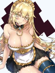 Rule 34 | 1girl, absurdres, alternate costume, apron, arm garter, bare shoulders, blonde hair, blue thighhighs, borrowed design, breasts, bridal garter, bright pupils, brown eyes, cleavage, closed mouth, clothing cutout, collarbone, colored eyelashes, commentary, cosplay, detached collar, dress, ebora, english commentary, enmaided, fate/grand order, fate (series), gem, gold footwear, head tilt, high heels, highres, ishtar (fate), ishtar (fate) (cosplay), large breasts, long hair, looking at viewer, maid, maid apron, maid headdress, navel, navel cutout, shokuhou misaki, simple background, single thighhigh, sitting, sleeveless, sleeveless dress, smile, solo, sparkling eyes, star-shaped pupils, star (symbol), strapless, strapless dress, symbol-shaped pupils, thighhighs, toaru kagaku no mental out, toaru kagaku no railgun, toaru majutsu no index, two-tone background, very long hair, waist apron, white background, yellow pupils, yokozuwari