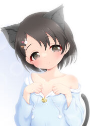 Rule 34 | 1girl, animal ears, black eyes, black hair, blue hoodie, cat ears, cat girl, cat tail, closed mouth, collarbone, commentary request, hair ornament, hairclip, highres, hood, hoodie, hosizora mikoto, idolmaster, idolmaster cinderella girls, kemonomimi mode, long sleeves, looking at viewer, rabbit hair ornament, sasaki chie, short hair, single bare shoulder, smile, solo, tail, upper body