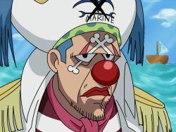 Rule 34 | 1boy, alternate costume, alternate universe, boat, bone, buggy the clown, cloud, clown nose, day, epaulettes, facial hair, frown, goatee, hat, lipstick, looking at viewer, lowres, makeup, male focus, non-web source, ocean, one piece, pirate, pirate hat, polka dot, red lips, shirt, solo, striped clothes, striped shirt, upper body, water, watercraft