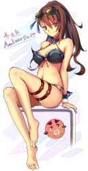 Rule 34 | 1girl, absurdres, arm support, bad feet, barefoot, beatrix (granblue fantasy), bikini, blue-framed eyewear, blue ribbon, breasts, brown hair, cleavage, eyewear on head, full body, granblue fantasy, hair between eyes, hair ribbon, halterneck, high ponytail, highres, long hair, looking at viewer, medium breasts, red eyes, ribbon, simple background, sitting, smile, solo, sunglasses, swimsuit, thigh strap, very long hair, white background, wrist cuffs, yuchio